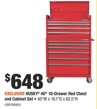 Home Depot Husky® 40" 10-drawer red chest and cabinet set offer