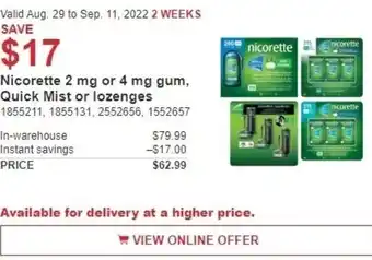 Costco Nicorette 2mg or 4mg Gum, Quick Mist or Lozenges offer
