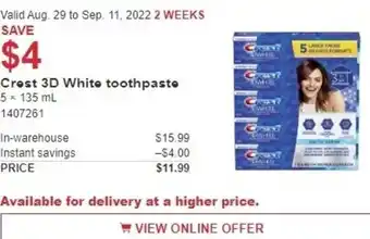 Costco Crest 3D White Toothpaste offer