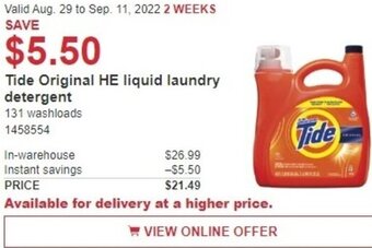 Costco Tide Original HE Liquid Laundry Detergent offer