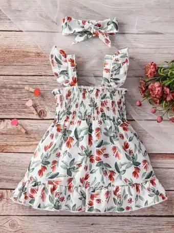 SheIn Baby allover floral print shirred dress & headband offer