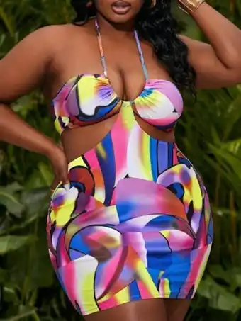 SheIn Plus allover print halter high waisted bikini swimsuit offer