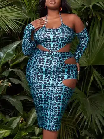 SheIn Shein sxy plus allover print tie back asymmetric hem top & pencil skirt offer