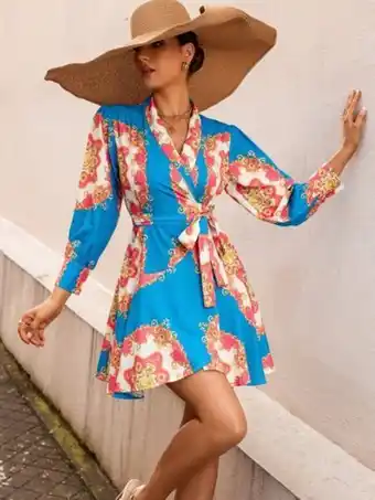 SheIn Baroque print puff sleeve tie front wrap dress offer