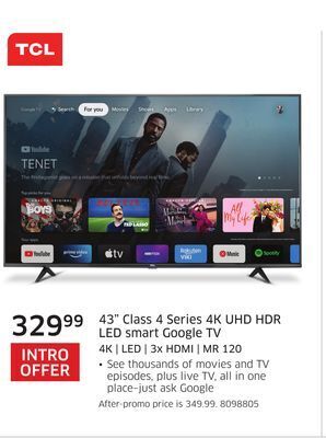 The Source Tcl 43" class 4 series 4k uhd hdr led smart google tv offer