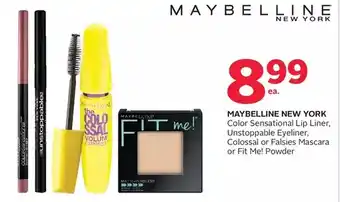 Rexall Maybelline new york color sensational lip liner, unstoppable eyeliner, colossal or falsies mascara or fit me! powder offer