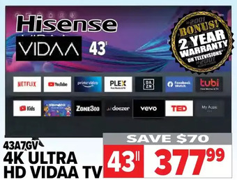 2001 Audio Video Hisense 43" 4k ultra hd vidaa tv offer