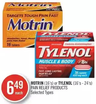 Shoppers Drug Mart Motrin or tylenol pain relief products offer