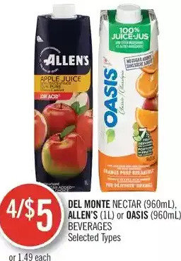 Shoppers Drug Mart Del monte nectar, allen's or oasis beverages offer