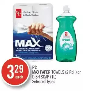 Shoppers Drug Mart Pc max paper towels or dish soap offer