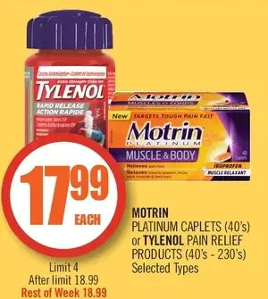 Shoppers Drug Mart Motrin platinum caplets or tylenol pain relief products offer