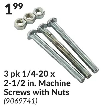 Princess Auto 3 pk 1/4-20 x 2-1/2 in. machine screws with nuts offer