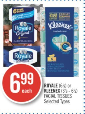 Shoppers Drug Mart Royale (6's) or kleenex (3's - 6's) facial tissues offer