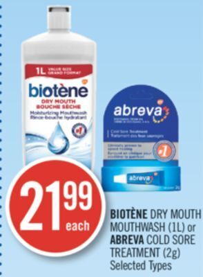 Shoppers Drug Mart Biotène dry mouth mouthwash (1l) or abreva cold sore treatment (2g) offer