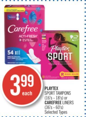 Shoppers Drug Mart Playtex sport tampons (16's - 18's) or carefree liners (36's - 60's) offer
