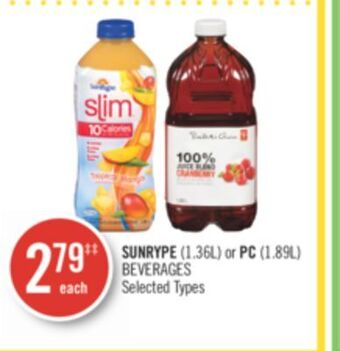 Shoppers Drug Mart Sunrype (1.36l) or pc (1.89l) beverages offer