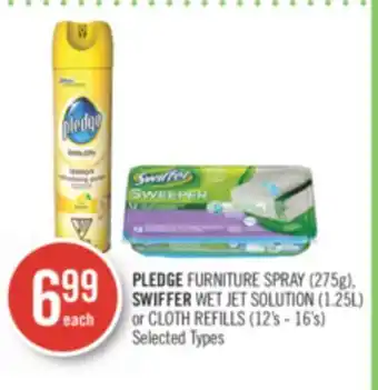 Shoppers Drug Mart Pledge furniture spray (275g), swiffer wet jet solution (1.25l) or cloth refills (12's - 16's) offer