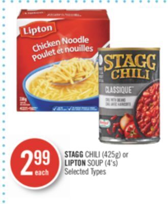 Shoppers Drug Mart Stagg chili (425g) or lipton soup (4's) offer