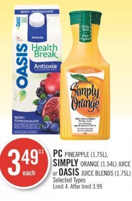 Shoppers Drug Mart Pc pineapple (1.75l), simply orange (1.54l) juice or oasis juice blends (1.75l) offer