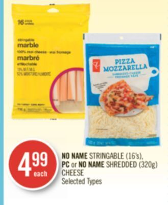 Shoppers Drug Mart No name stringable (16's), pc or no name shredded (320g) cheese offer