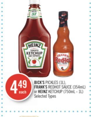 Shoppers Drug Mart Bick's pickles (1l), frank's redhot sauce (354ml) or heinz ketchup (750ml - 1l) offer