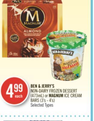 Shoppers Drug Mart Ben & jerry's non-dairy frozen dessert (473ml) or magnum ice cream bars (3's - 4's) offer