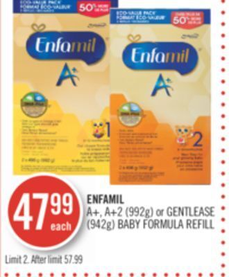 Shoppers Drug Mart Enfamil a+, a+2 (992g) or gentlease (942g) baby formula refill offer