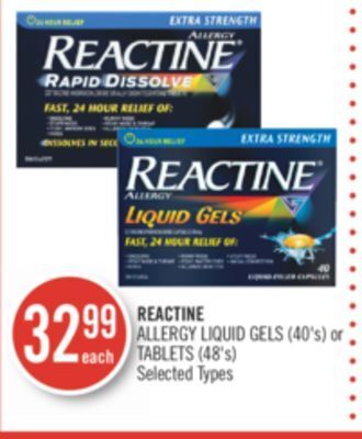Shoppers Drug Mart Reactine allergy liquid gels (40's) or tablets (48's) offer