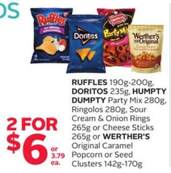 Rexall Ruffles 190g-200g, doritos 235g, humpty dumpty party mix 280g, ringolos 280g, sour cream & onion rings 265g or cheese sticks offer