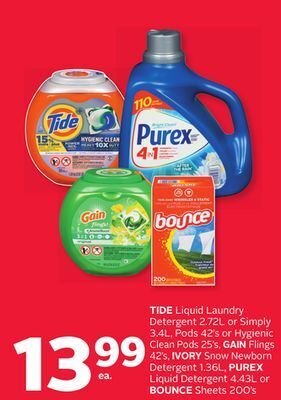 Rexall Tide liquid laundry detergent 2.72l or simply 3.4l, pods 42' s or hygienic clean pods 25' s, gain flings 42' s, ivory snow ne offer