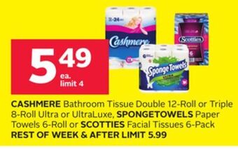 Rexall Cashmere bathroom tissue double 12-roll or triple 8-roll ultra or ultraluxe, spongetowels paper towels 6-roll or scotties fac offer