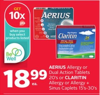 Rexall Aerius allergy or dual action tablets 20' s or claritin allergy or allergy + sinus caplets 15' s-30' s offer