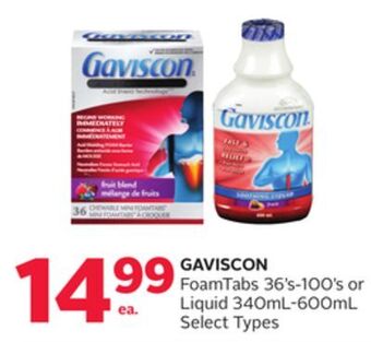 Rexall Gaviscon foamtabs 36's-100's or liquid 340ml-600ml offer