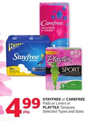 Rexall Stayfree or carefree pads or liners or playtex tampons offer