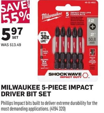 Co-op Milwaukee 5-Piece Impact Driver Bit Set offer