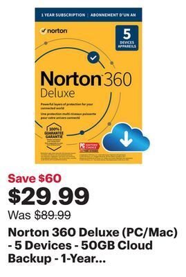 Best Buy Norton 360 deluxe (pc/mac) - 5 devices - 50gb cloud backup - 1-year subscription - digital download offer