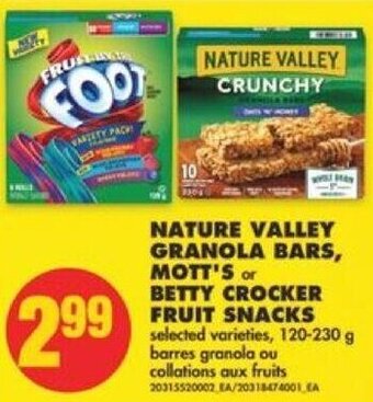No Frills Nature Valley Granola Bars, Mott's or Betty Crocker Fruit Snacks 120-230 g offer