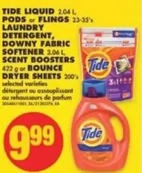 No Frills Tide Liquid Pods or Flings Laundry Detergent, Downy Fabric Softener, Scent Boosters or Bounce Dryer Sheets offer