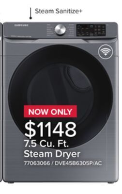 Leon's Samsung platinum steam front load dryer (7.5 cu.ft.) - dve45b6305p/ac offer