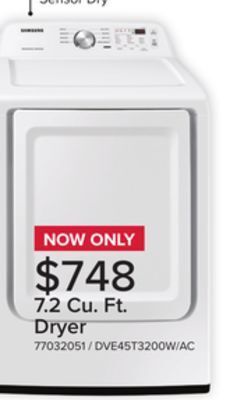 Leon's Samsung white electric dryer with sensor dry (7.2 cu.ft) - dve45t3200w/ac offer