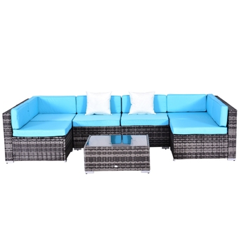 Best Buy Outsunny 7-piece rattan wicker sectional sofa garden set w/ center table & 200g light aqua blue outdoor cushions - grey (7pcs offer