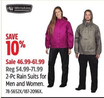 Canadian Tire Wetskins 2-pc rain suits for men and women offer