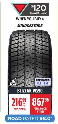 Canadian Tire Bridgestone blizzak ws90 winter passenger tire offer
