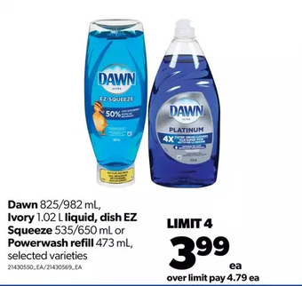 Real Canadian Superstore Dawn ivory liquid, dish ez squeeze or powerwash refill offer