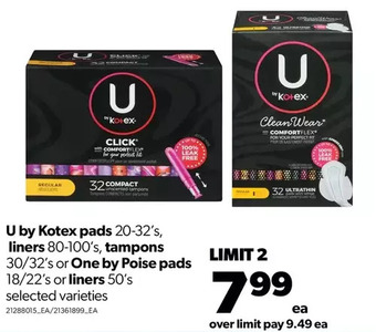 Real Canadian Superstore U by kotex pads, liners, tampons or one by poise pads or liners offer