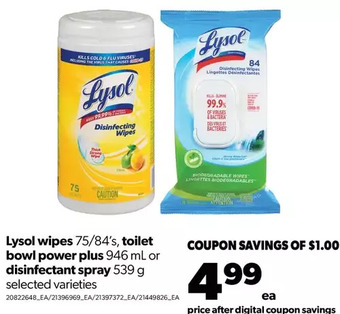Real Canadian Superstore Lysol wipes, toilet bowl power plus or disinfectant spray offer