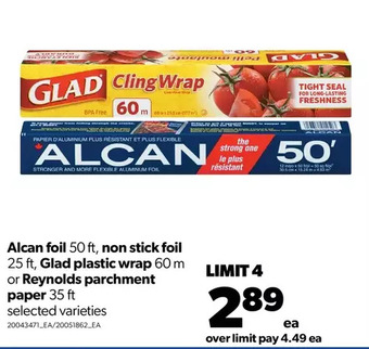 Real Canadian Superstore Alcan foil, non stick foil, glad plastic wrap or reynolds parchment paper offer