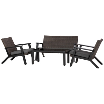 Best Buy Outsunny 4-piece patio sofa set, pe rattan outdoor sofa with 2 cushioned sofas, 1 loveseat and coffee table with tempered gla offer