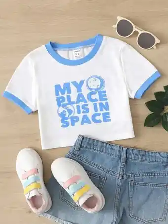 SheIn Shein girls slogan graphic contrast binding tee offer