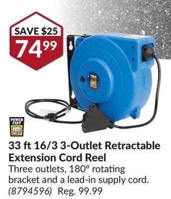 Princess Auto 33 ft 16/3 3-outlet retractable extension cord reel offer